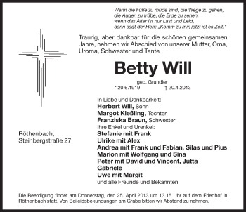Traueranzeige von Betty Will von Pegnitz-Zeitung